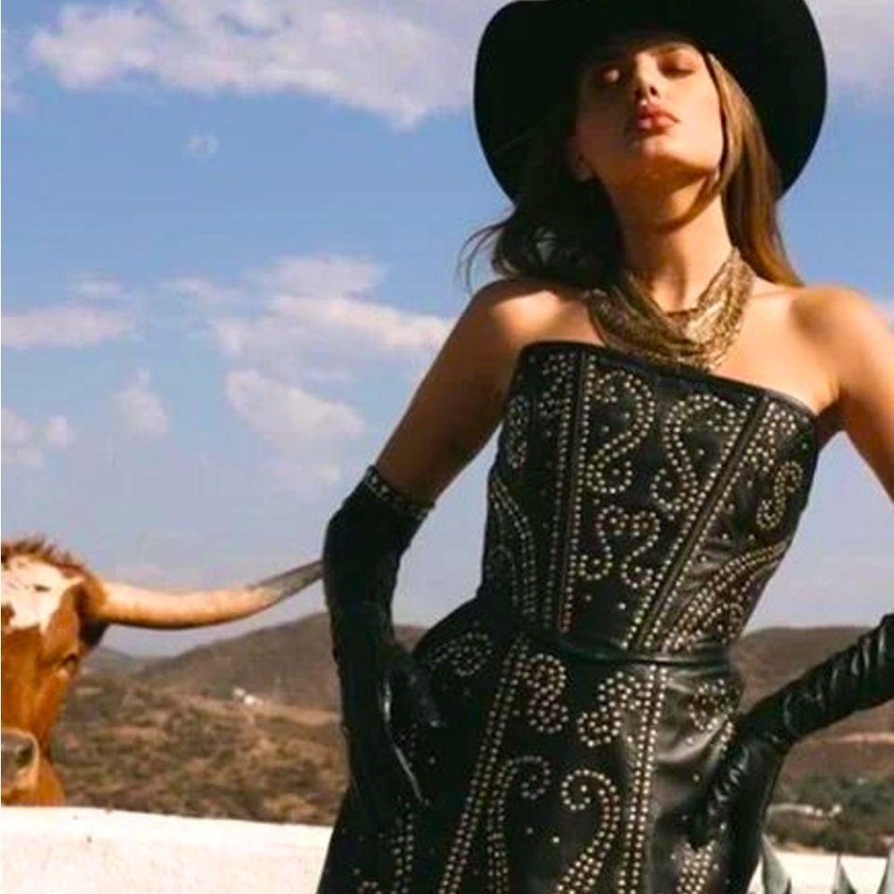 Boot Barn x Understated Leather Womens strapless studded mini leather dress XS